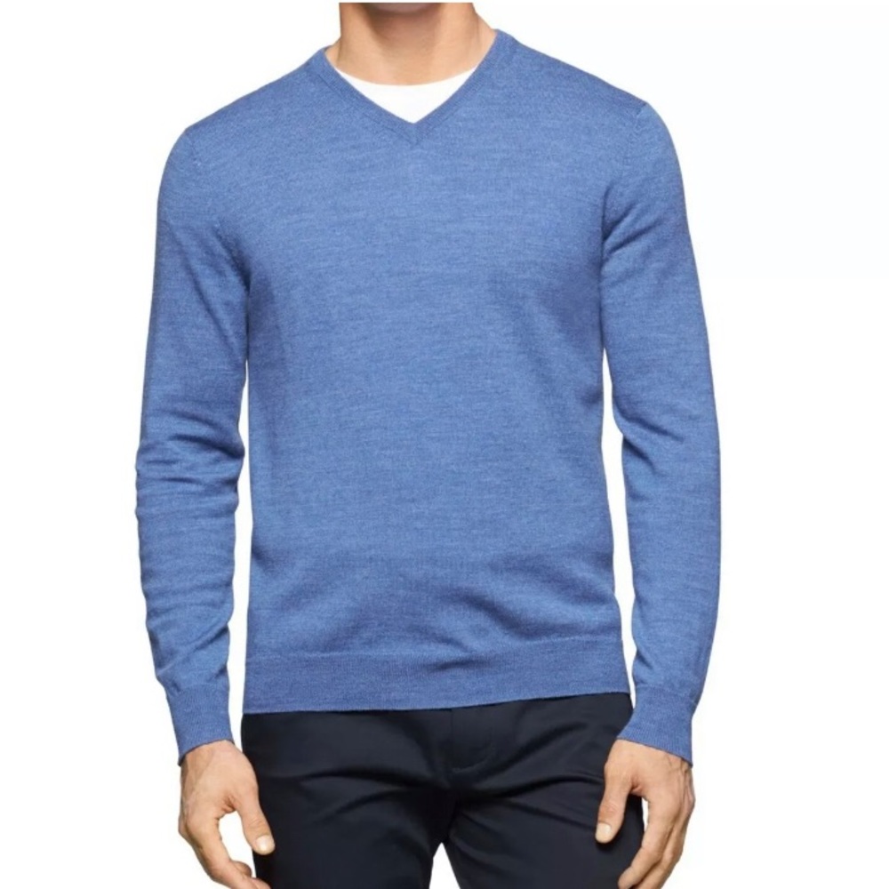Calvin Klein Mens Sweater Heather Blue Size XXL V-Neck Pullover Wool $89